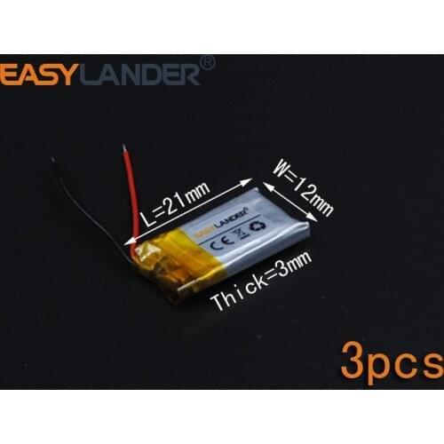 3pcs/Lot 3.7V 65mAh Rechargeable li Polymer Li-ion Battery For bluetooth headset mp3 /mp5 Bracelet Wrist Watch 301221 031221