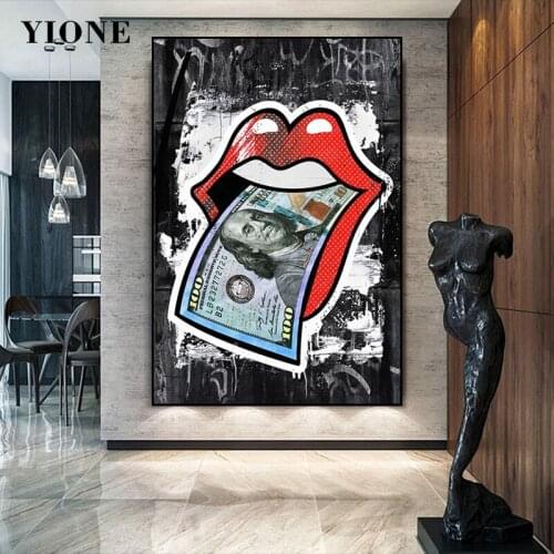 Abstract Graffiti Sexy Red Lips Money Canvas Painting Modern Street Art Poster Print Wall Picture for Living Room Bedroom Decor