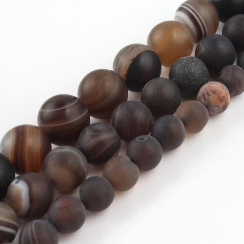 Natural Stone Coffee Brown Matte Striped Agate Beads Round Beads For Jewelry Making DIY Bracelet Necklace 4 6 8 10 12 MM 15 Inch