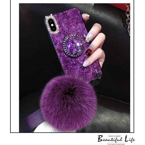 Bling Diamond Ring Grip Holder Gold Foil Case Cover With Fox Fur Ball Hand Chain For Iphone 11 Pro Max XS Max XR X 8 7 6 6S Plus
