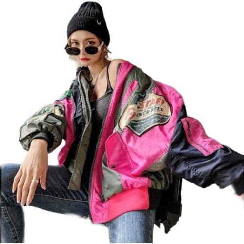 Color Block Jacket Women Plus Size Casual Loose Zipper Outerwear for girl Plus Size Bomber Jacket BF Streetwear LT872S50