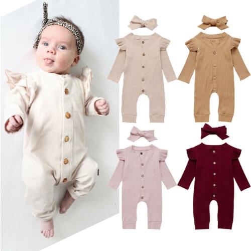 Kids solid buttons up long sleeve baby girl romper with headband jumpsuit rompers for infant baby clothes