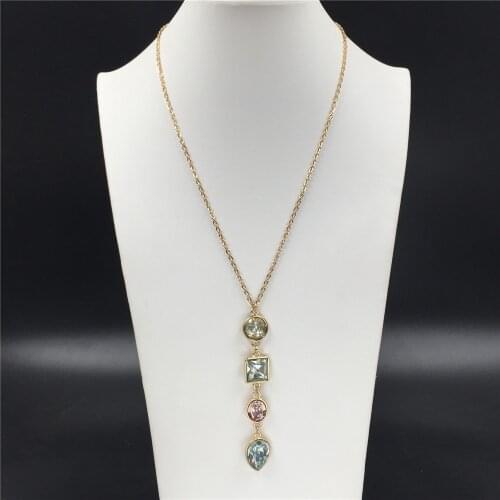 Shiny Gold With Light Green Rose Tone Square Oval Shape Geometric Four Stone Linked Long Necklace For Women Sweater Decoration