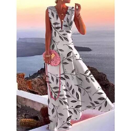 Sexy Deep V-Neck Retro Printed Party Dresses Ladies Long Dress Mujer Women Elegant Sleeveless Temperament Vacation Maxi Dresses