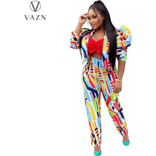 VAZN 2021 Autumn High-end Vintage Sexy Mature Overalls Full Sleeve Open Stitch Suits Long Pencil Pants Slim Women 2 Piece Set