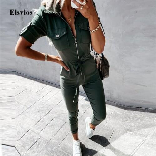 2021 Summer Short Sleeve Overalls Playsuit Fashion Tie-up Waist Office Lady Jumpsuit Women Casual Zip Pocket Cargo Pants Romper