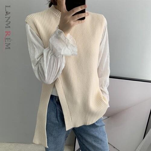 LANMREM 2021 Autumn Irregular Striped Vest Knitted Asymmetric Split Pullover Sweater Top Women Fashion Tide Clothing 2C2155