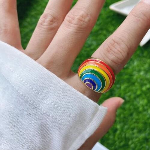 Trendy Rainbow Enamel Dripping Oil Opening Ring for Women, Geometry Style Engagement ring, Summer wedding Jewelry Gift