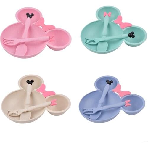 3Pcs Wheat Straw Baby Cartoon Tableware Set Childrens Dishes Kids Dinner Platos Baby Feeding Plate Training Bowl Spoon Fork