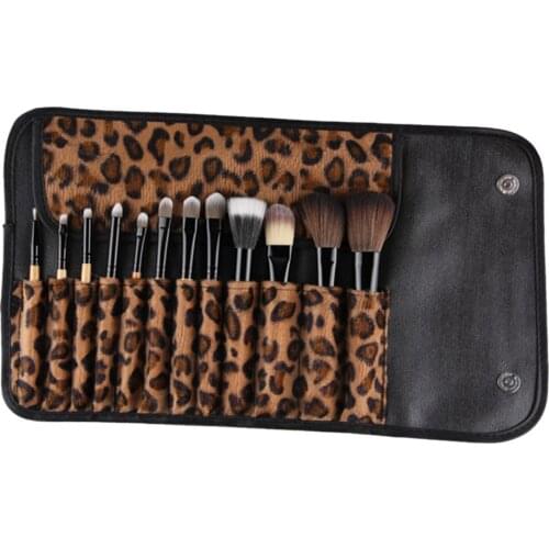 12 WOOD Makeup Brush Set Kabuki Foundation Eyeshadow Kit + Leopard Print Bag
