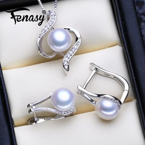 FENASY 925 Sterling Silver Jewelry Sets Natural Pearl Clip Earrings Custom Bohemian Pendant Chain Necklace For Women