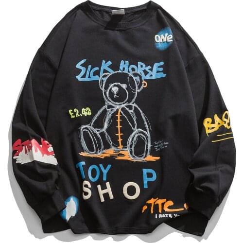 Spring bear doodle popular logo draws loose-fitting couples national trend long sleeve