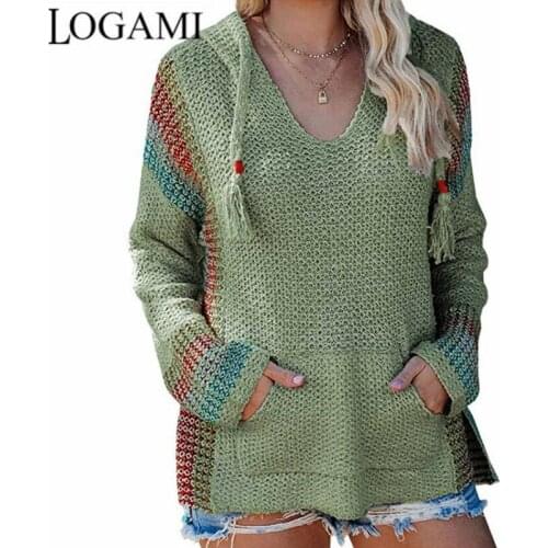 LOGAMI 2021 Knitting Hooded Sweater for Women Big Pocket Stripe Vintage Pullover Woman Fall Sweaters