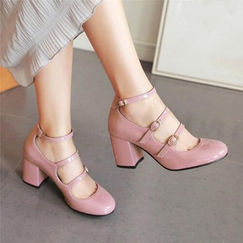 YQBTDL Fashion 2020 Pink Black Mary Jane Dress Office Party Shoes Women Artificial Patent Leather Block High Heels Pumps Red 43