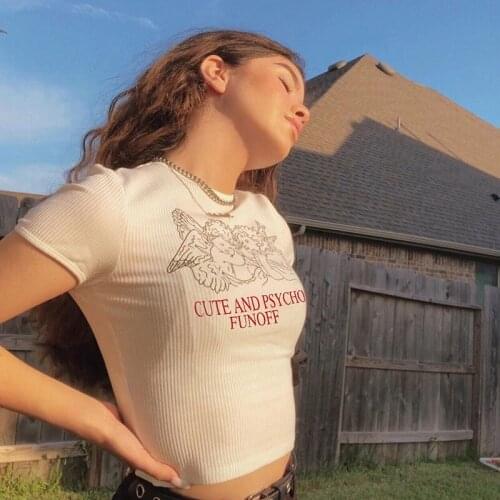 Womens Fashion Short Sleeve Angel Letter Print Tee Casual Graphic T Shirt Top Y2k Shirt Top for Girls