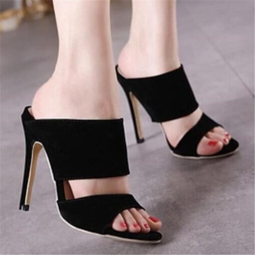 Women sandals Flock Slip On 11cm Thin Heels High heels Round Toe Shallow women shoes sandalias mujer 2020 size 35-42 black