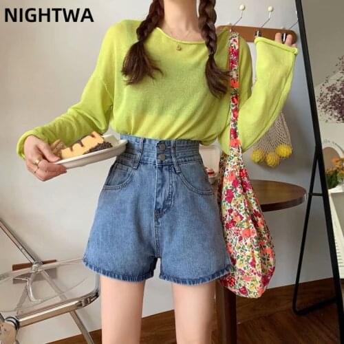 NIGHTWA 2021 New Summer Women High Waist Button Wigh Leg Jeans Shorts Casual Female Loose Fit Blue and Black Denim Shorts