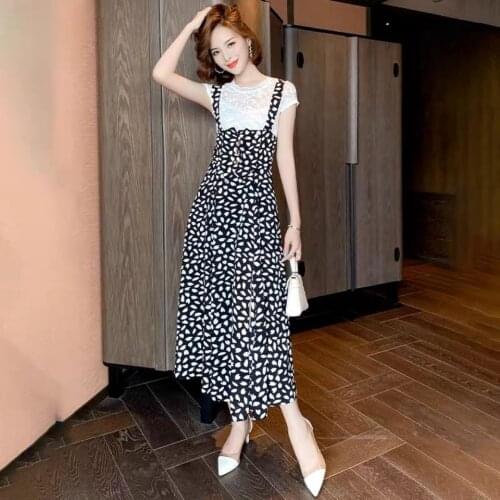 Women 2021 Summer Fashion Two-piece Sets Female New Solid Color Lace Shirts Ladies Sling Printed Chiffon A-line Dress Suits T250