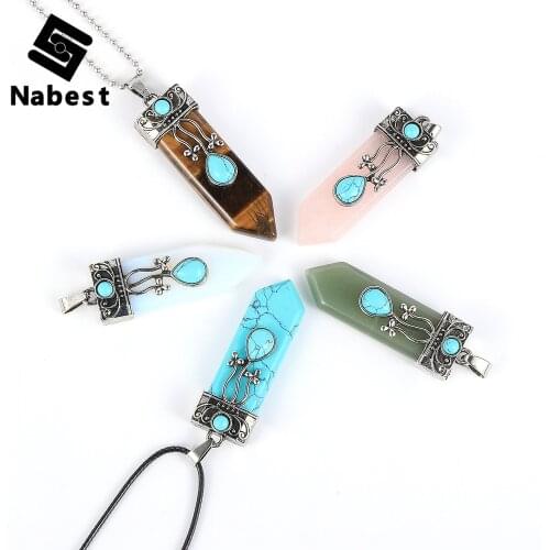 Women Men Natural Stone Tiger Eye Pendant Necklace Turquoises Opal Green Tanglin Hexagon Bullet Waxed Yoga Healing Reik Jewelry