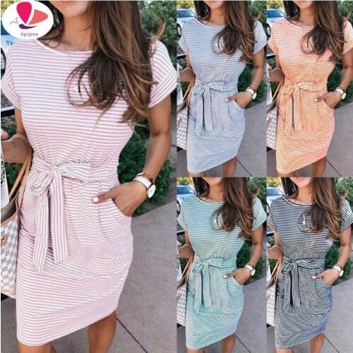 Women Dresses Summer 2021 Sexy O Neck Striped Boho Beach Dress Ruffle Short Sleeve A Line Mini Dress Wrap Sundress Robe