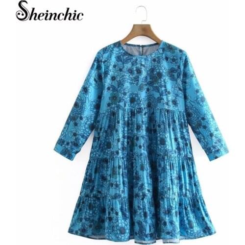 Vintage Blue Flower Printed Dresses for Women 2021 Spring Summer Casual O-neck Long Sleeve Mini Dress Female