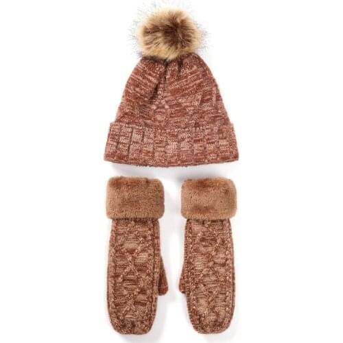 2Pcs Women Winter Warm Cable Knit Plush Lined Pompom Beanie Hat with Gloves Set
