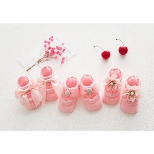 3 Pairs/Lot Autumn Newborn Baby Lace Flower Cotton Socks Anti-Slip Kids Floor Socks Bow toddler Girl Socks Spring Girls Gift
