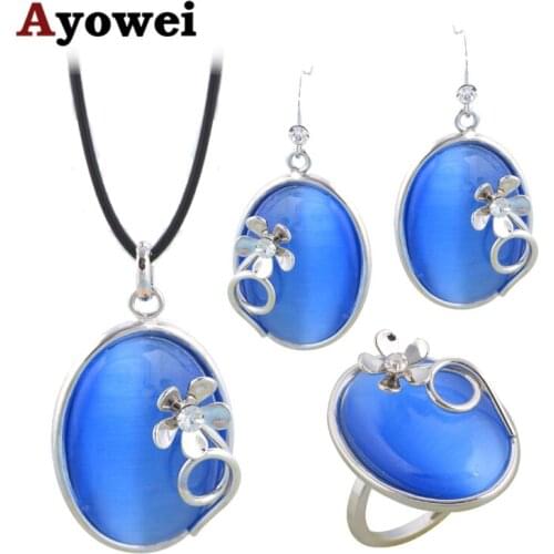 Ayowei Wholesale&Retail Blue Zircon Silver tone Hot Sell Fashion Jewelry Sets Earrings/Pendant/Ring JS691A for Women