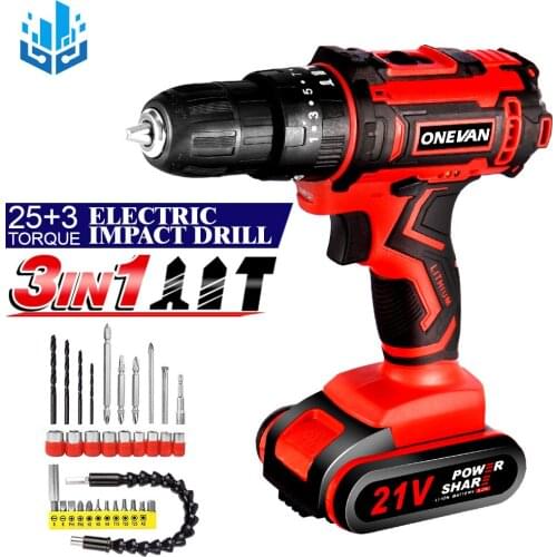 3in1 Cordless Electric Drill Screwdriver 25+3 Turque Electric Impact Drill DIY Household Power Tool with Battery & Accessories