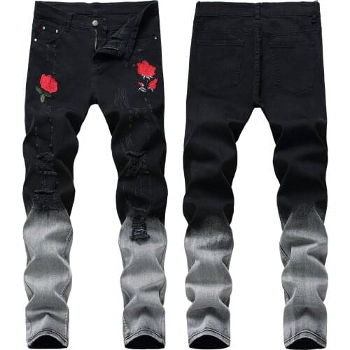 Hip Hop Jeans Mens Fashion Rose Flower Embroidery Ripped Jeans Slim Tie And Dye Gradient Color Holes Denim Pants Mens Jeans