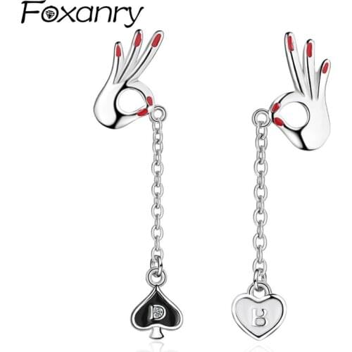 FOXANRY Prevent Allergy 925 Sterling Silver Drop Earrings Trendy Creative Asymmetric LOVE Heart Tassel Party Jewelry Wholesale
