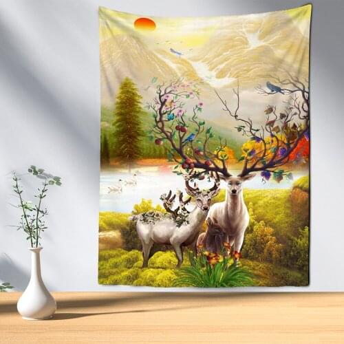 Forest Elk Sunset Tapestry Wall Mount Bohemian Hippie Psychedelic Kawaii Girls Dormitory Home Decor
