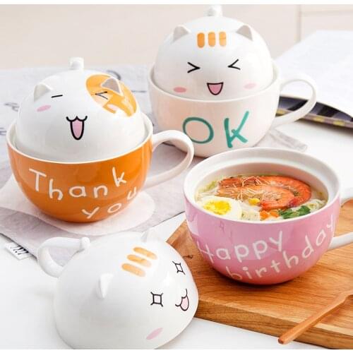 Kawaii Cat Pattern Ceramic Instant Ramen Bowl With Lid Cute Cartoon Noodle Fruit Salad Soup Bowl Anti-scalding Kitchen Tableware