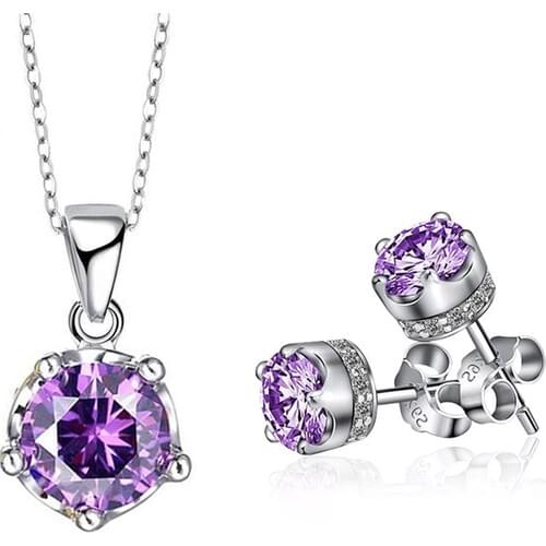 Enes Store Silver Amethyst Cubic Zirconia Crown Pattern Necklace Earring Set