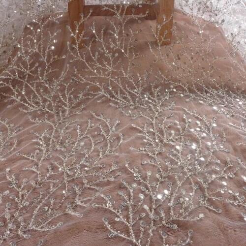 La Belleza new beaded wedding dress lace fabric silver beads sequins lace fabric trees pattern lace 1 yard