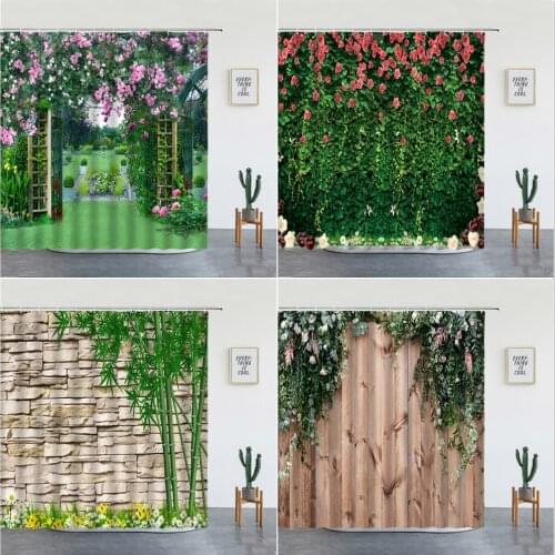 Landscape Shower Curtains Set Flower Green Leaf Bathroom Decor Garden Background Wall Decoration Bathtub Screen Polyester Fabric