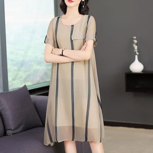 2021 Summer Silk Elegant Fashion Women Dresses New Style Round Collar And Short Sleeve Printed Designs Loose Lady Dress A-line