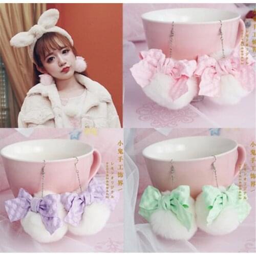 Sweet Girl Lolita Bow Earring Cute Pom Pom Plush Ball Pendant Earring Gift D321