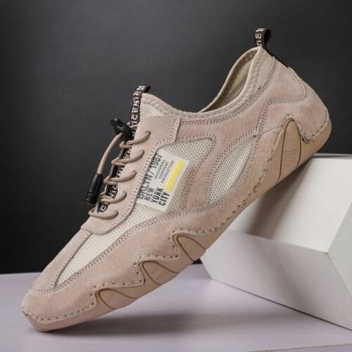 Newest 2021 Summer Style Men Breathable Men Driving Flat Shoes Cow Leather With Mesh Slip On Leather Men Loafers Big Size 38-46