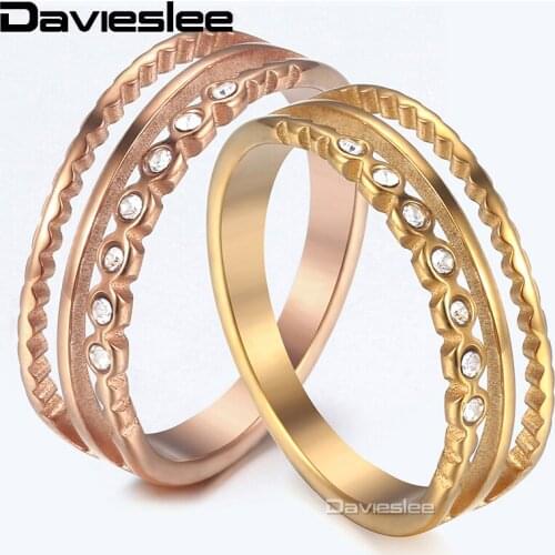 Davieslee Engagement Ring For Women Men Rose Gold Stainless Steel Couples Rings Wedding Band Lovers Paved CZ US Size 6 12 LKRM33