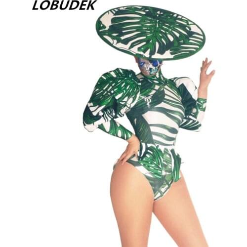 New Nightclub Singer Dance Costume Green Print Tailcoat Shorts Caps 3-Pieces Outfit Sexy DJ Dancer Bar Performance Stage Clothes