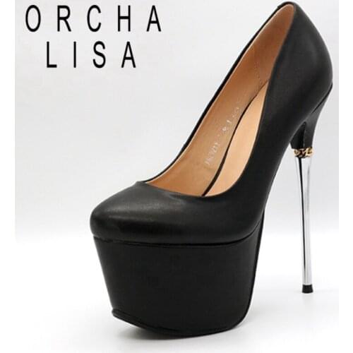 ORCHA LISA 2021 Pumps Leather Platforms Chains Slip On Pointed Toe 16CM Stiletto Strang Spool High Heel US12 Beige Black A4185