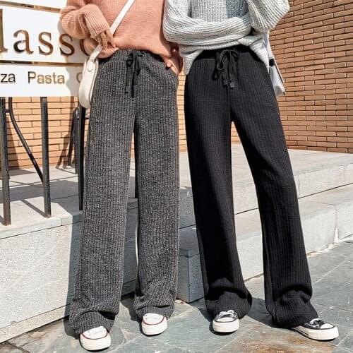 Autumn winter Vintage Knitted high waist straight pants women wide-leg pants womens Thick casual Knitted wool trousers women