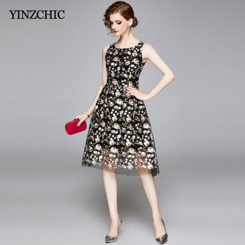 Summer Woman Floral Mid Dress O-neck Ladies Elegant Embroidered Black Dresses Slim A-line Female Party Dress Organza Dress
