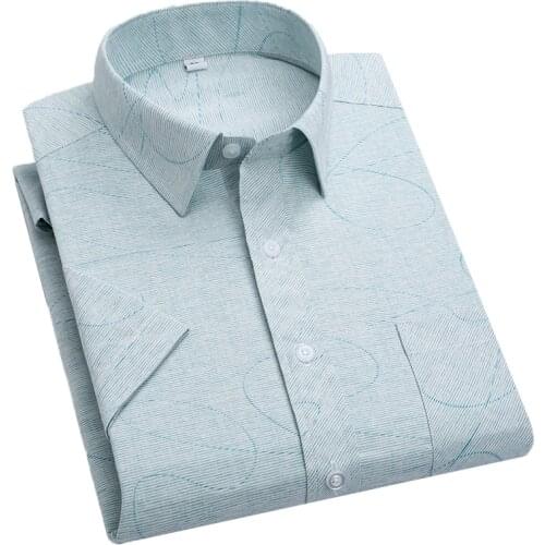 Aoliwen brand High Quality Short Sleeve Shirt Business Casual Men Short Shirt Print Plaid Stripe Pattern Design Summer Social