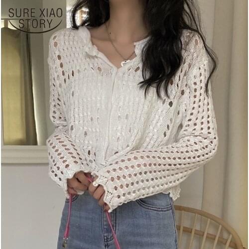Chic Round Collar Sexy Hollow Out Knit Sweater Slim Fit Short Long Sleeve Outwear Pull Femme Spring New Cardigan Sueter 13483