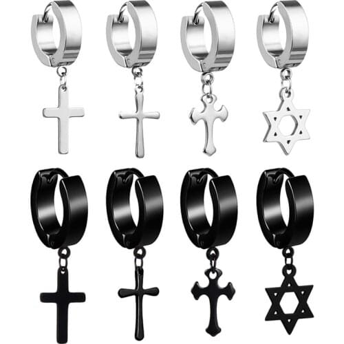 SOHOT Titanium Steel Black Star Cross Drop Earrings Wholesale Unisex HipHop Man Chic Female Vintage New Rock Bar Party Gift Punk