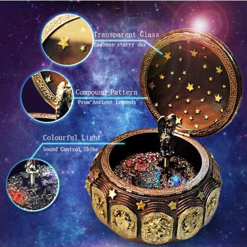 Vintage Constellation Pattern Music Box with Rotating Goddess LED lights Twinkling Resin Carved Mechanism Castle in the Sky