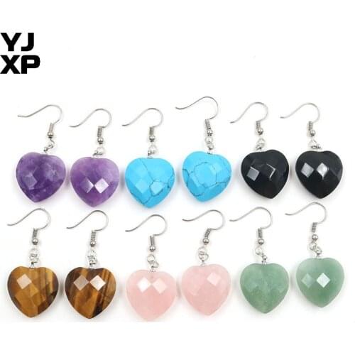 YJXP Simple Style Love Heart Earrings Natural Purple Quartz Rose Pink Quartzs Opal Tiger Eye Stone Drop Earrings 1Pair
