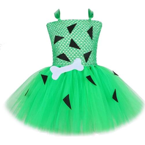 Green Flinstones Pebbles Tutu Dress for Girls Kids Halloween Costume Carvegirl Pebbles Bone Dresses Outfit for Birthday Party